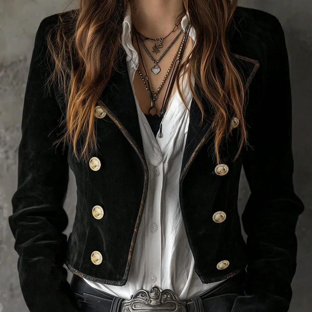 Black Casual Women's Double-Breasted Blazer Vacation